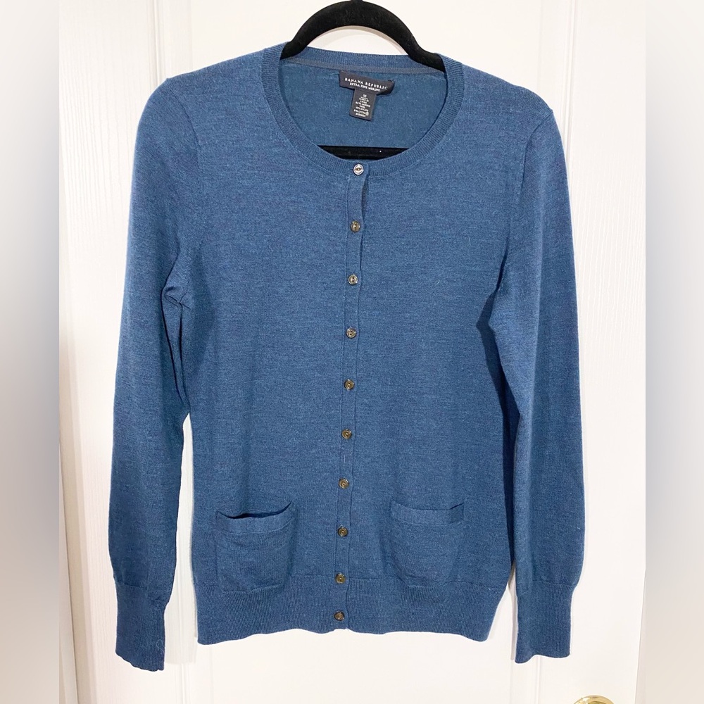 Y2K Banana Republic Extra Fine Merino Wool Knit Cardigan Sweater Blue Sz Medium